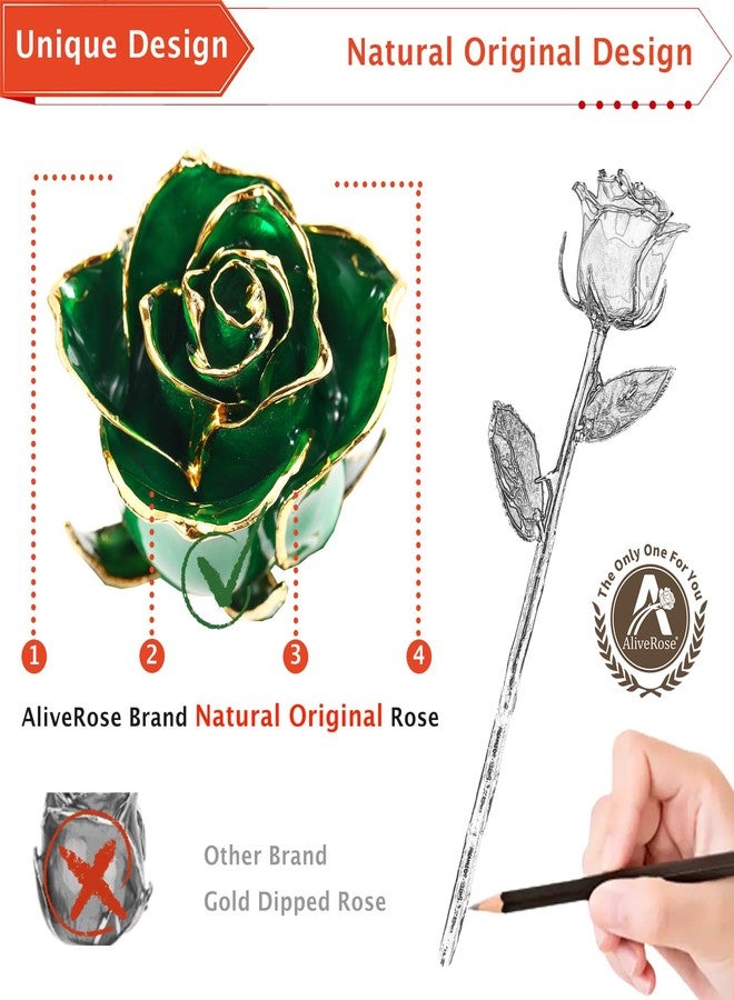 AliveRose 24k Gold Dipped Rose, Gold Rose Made from Real Rose - Unique Design 24K Dipped Rose for Anniversary Valentines Mothers Day Birthday Gifts (Green Original with Crystal Vase) - Image 2