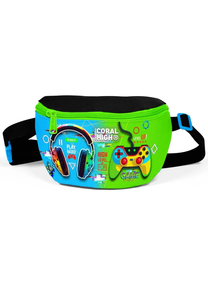 كورال هاي Kids Black Fluorescent Green Headphones Game Patterned Waist Bag 11559