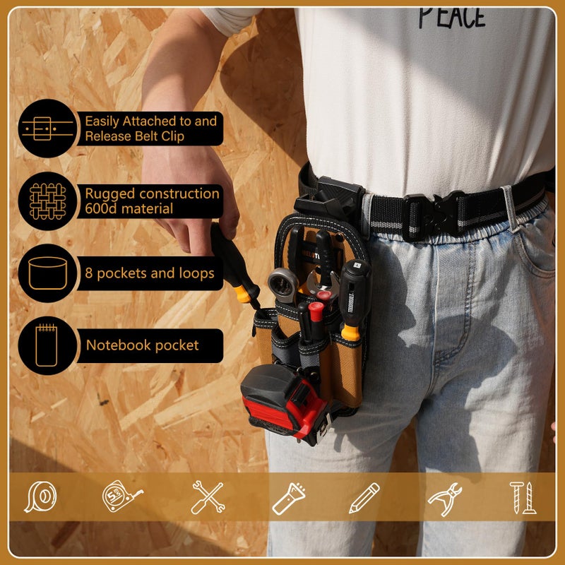 MELOTOUGH 7-Pocket Technician Pouch-Small Tool Belt Pouch with Belt Clip,Clip on Larger - Pockets & Loop,-Tool Holder Accessory(Khaki) - Image 2