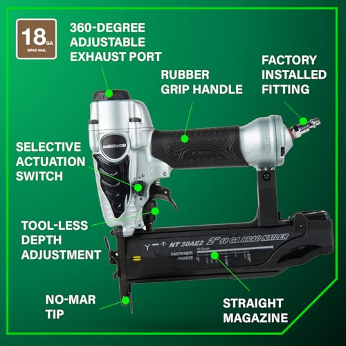 Metabo HPT Brad Nailer, Pro-Preferred Lightweight Pneumatic Power Nailer for Precision Trim Work and Furniture Building, Adjustable Depth, 18 Gauge, 5/8" up to 2" Brad Nails, NT50AE2 - Image 4