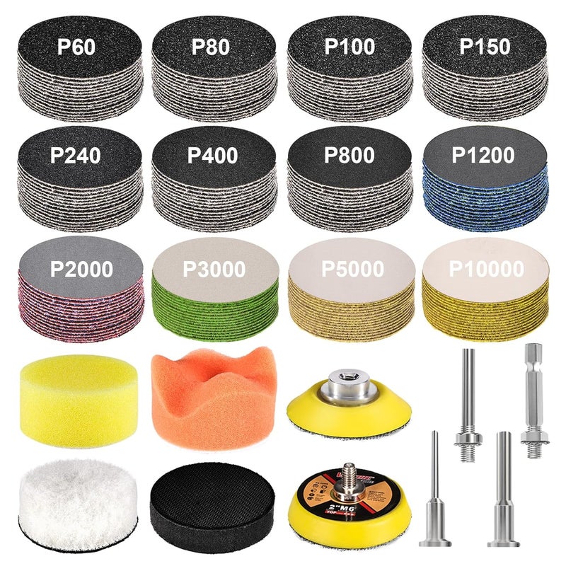 GOH DODD 189 Pieces 2 Inch Sanding Discs, Hook and Loop Sanding Pads 60 to 10000 Grit Wet Dry Sandpaper with 1/8" 1/4” Shank, Backing Pad, Polishing Pads and Interface Pad for Auto Metal Resin Wood - Image 1