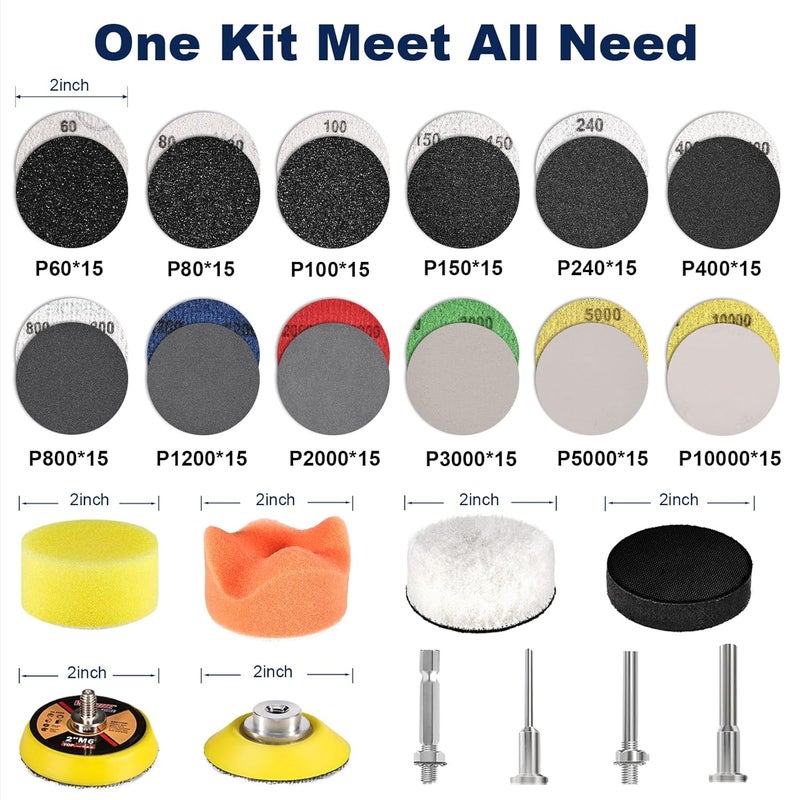 GOH DODD 189 Pieces 2 Inch Sanding Discs, Hook and Loop Sanding Pads 60 to 10000 Grit Wet Dry Sandpaper with 1/8" 1/4” Shank, Backing Pad, Polishing Pads and Interface Pad for Auto Metal Resin Wood - Image 2