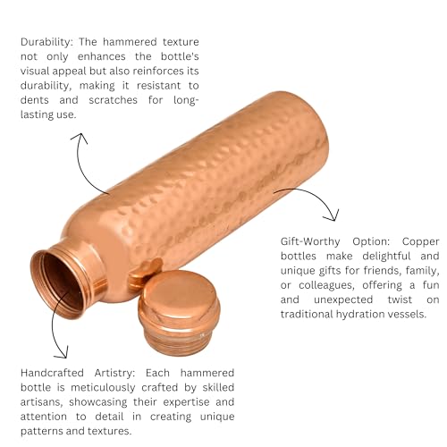 OGGN Pure Copper Water Bottle with Hammered Shine Finish Design, Advanced Leak Protection, Durable & Rust Proof Tamba Bottle for Drinking, Perfect Stylish Office Carrying Bottles - 950 Ml - Image 4