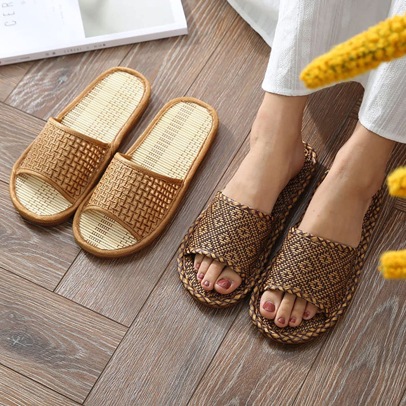 Bamboo Slippers Women Hotel Slippers Home Hotel Indoor Bamboo Slipper Portable Casual Open Toe Flat Shoes Breathable Woven Indoor Lightweight Non-Slip Slippers Natural Straw Footwear for MEN&Women - Image 4