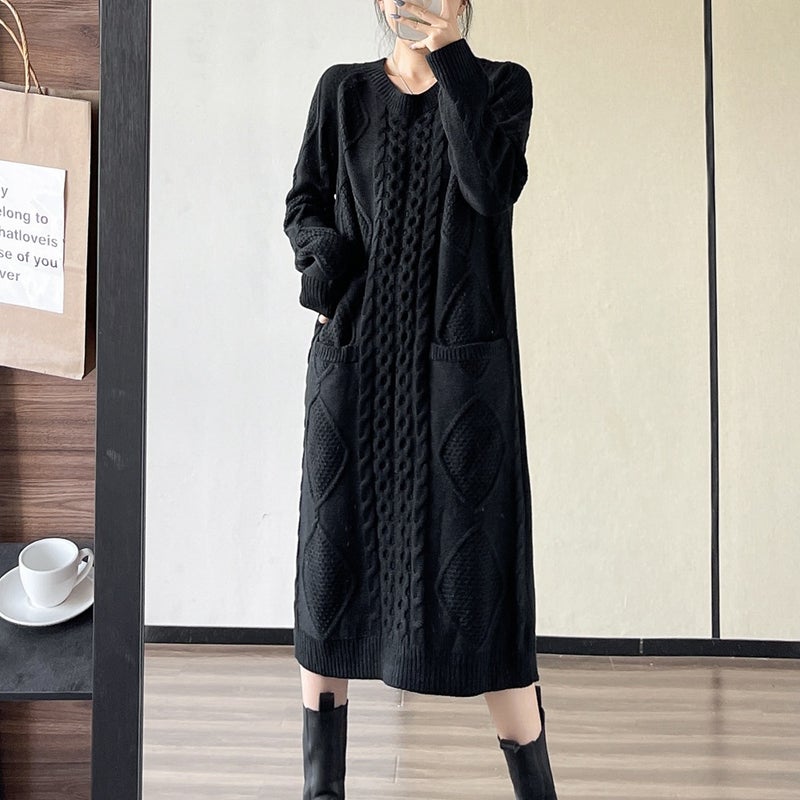 High Quality Retro Knit Sweater Dress Black - Image 1