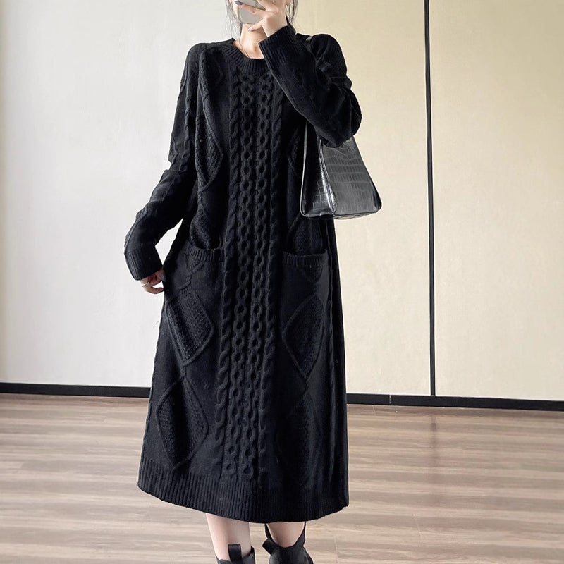 High Quality Retro Knit Sweater Dress Black - Image 4