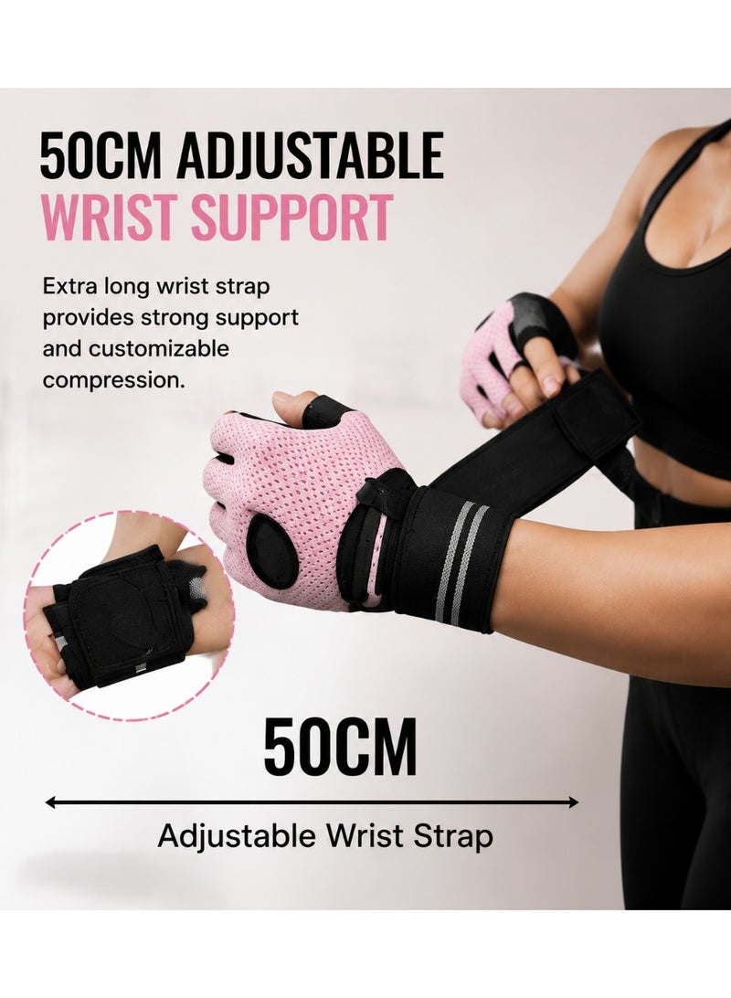 Hirospace Half Finger Weight Lifting Gloves with Adjustable Wrist Support, Breathable Workout Gloves with Anti-Slip Silicone Grip and Padded Palm Protection, Gym Training Gloves for Women, Pink - Image 3