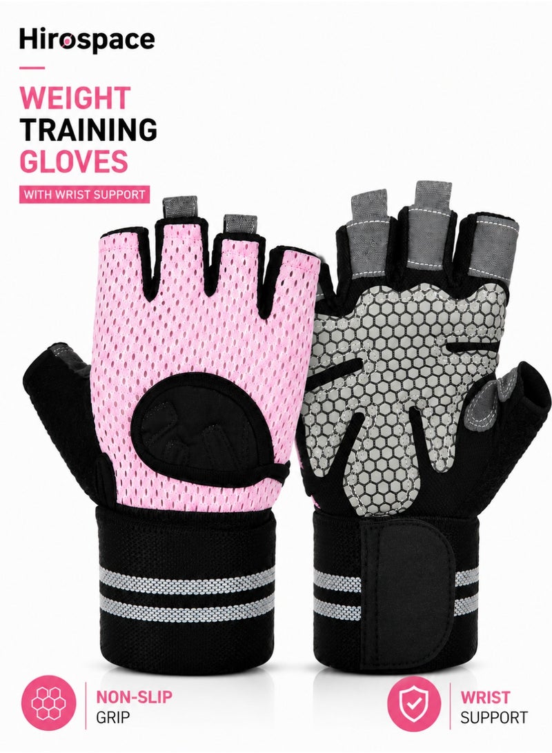 Hirospace Half Finger Weight Lifting Gloves with Adjustable Wrist Support, Breathable Workout Gloves with Anti-Slip Silicone Grip and Padded Palm Protection, Gym Training Gloves for Women, Pink - Image 1