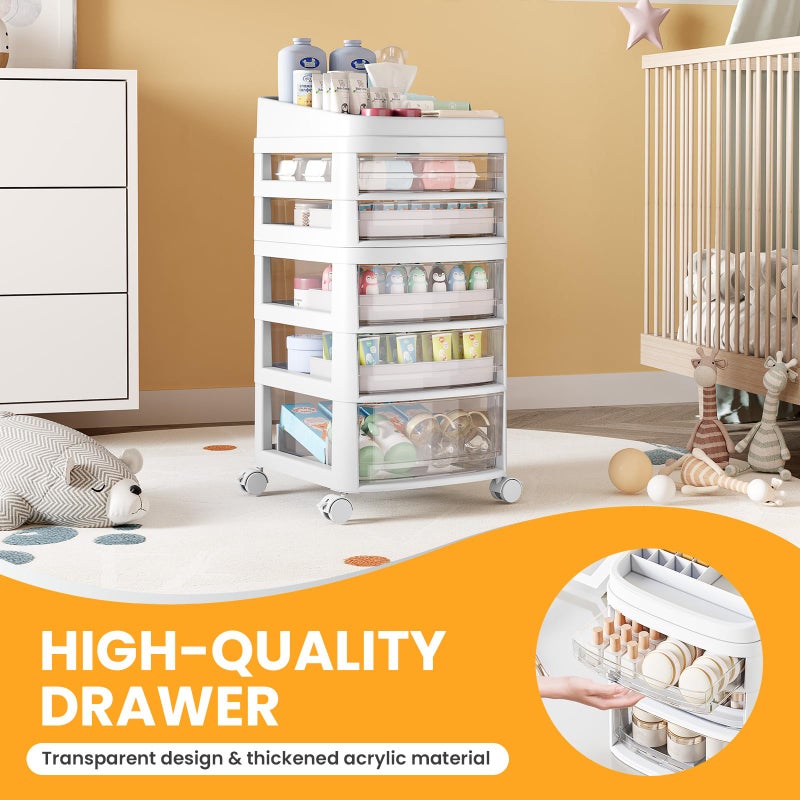 APEXCHASER Rolling Cart with 5 Drawers, Clear Plastic Drawer Organizers, Dust Proof Under Desk Storage for Makeup, Skincare, Art Crafts and Baby Items, Acrylic Cosmetic Organizer with Dividers, Vanity Cart - Image 3