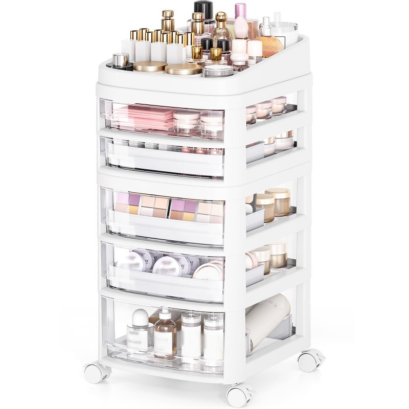 APEXCHASER Rolling Cart with 5 Drawers, Clear Plastic Drawer Organizers, Dust Proof Under Desk Storage for Makeup, Skincare, Art Crafts and Baby Items, Acrylic Cosmetic Organizer with Dividers, Vanity Cart - Image 1