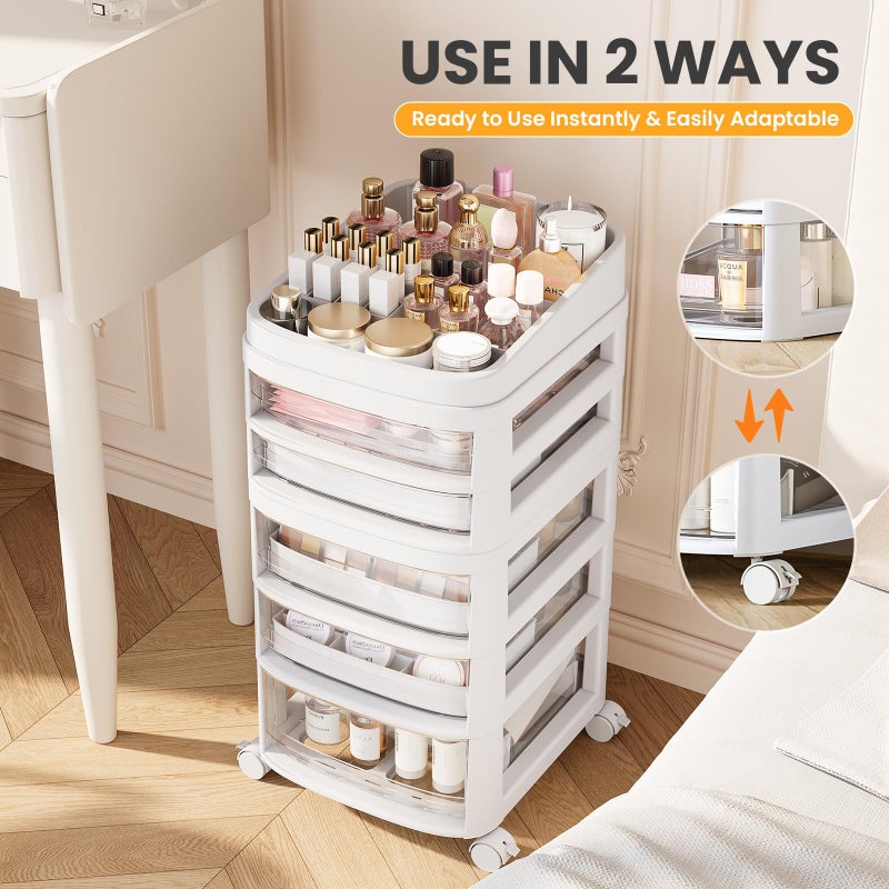 APEXCHASER Rolling Cart with 5 Drawers, Clear Plastic Drawer Organizers, Dust Proof Under Desk Storage for Makeup, Skincare, Art Crafts and Baby Items, Acrylic Cosmetic Organizer with Dividers, Vanity Cart - Image 4