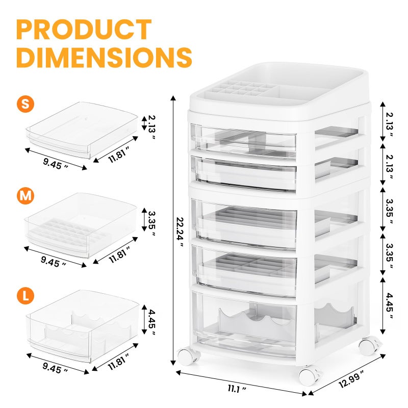 APEXCHASER Rolling Cart with 5 Drawers, Clear Plastic Drawer Organizers, Dust Proof Under Desk Storage for Makeup, Skincare, Art Crafts and Baby Items, Acrylic Cosmetic Organizer with Dividers, Vanity Cart - Image 2