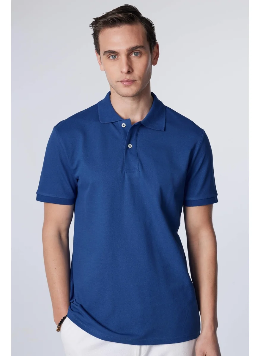 Tudors Men's Slim Fit Narrow Cut 100% Cotton Plain Pique Indigo Polo Collar T-Shirt