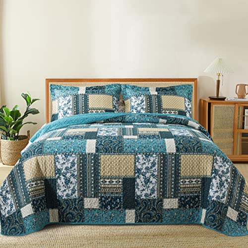 BEDIFANY Cotton Queen Size Quilt Sets, Lightweight Bedspread Queen Size Coverlet Boho Queen Quilt, Soft Farmhouse Queen Quilt Bedding Sets for Bed Decorations for All Seasons (3 Pieces, Blue) - Image 1