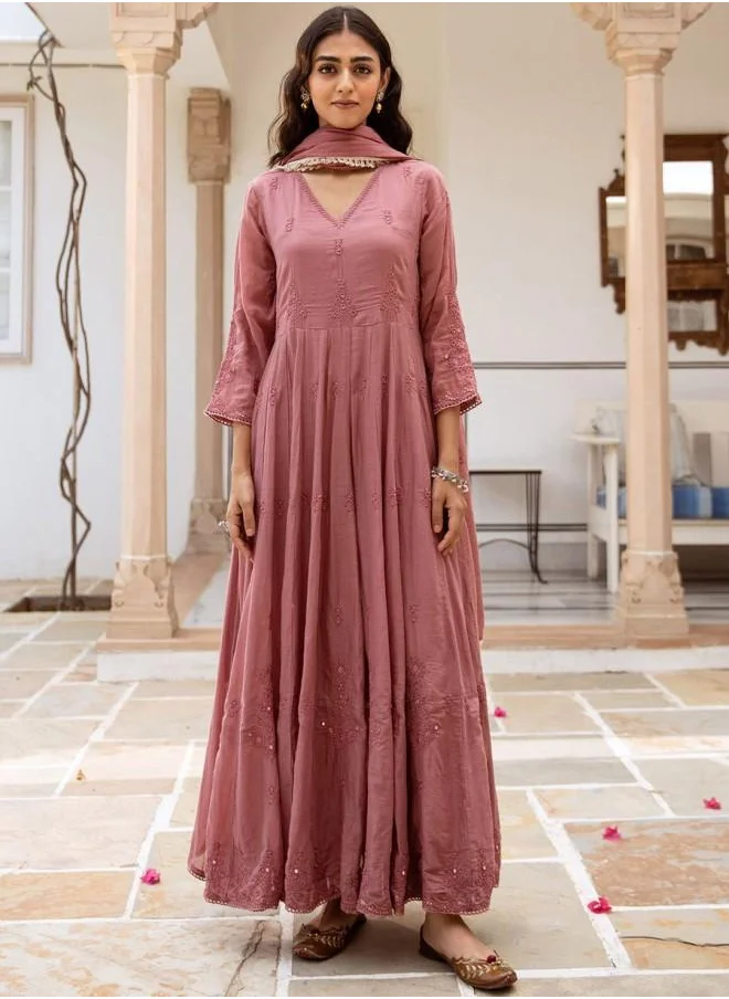 ISHIN Festive Women Pink Cotton Kurta Set with Embroidered pattern Tunic and Palazzo features a Round neckline and Three-Fourth Sleeve secured with Elastic closure and styled in Straight Fit ideal for Festive moments — crafted to elevate your special moments.