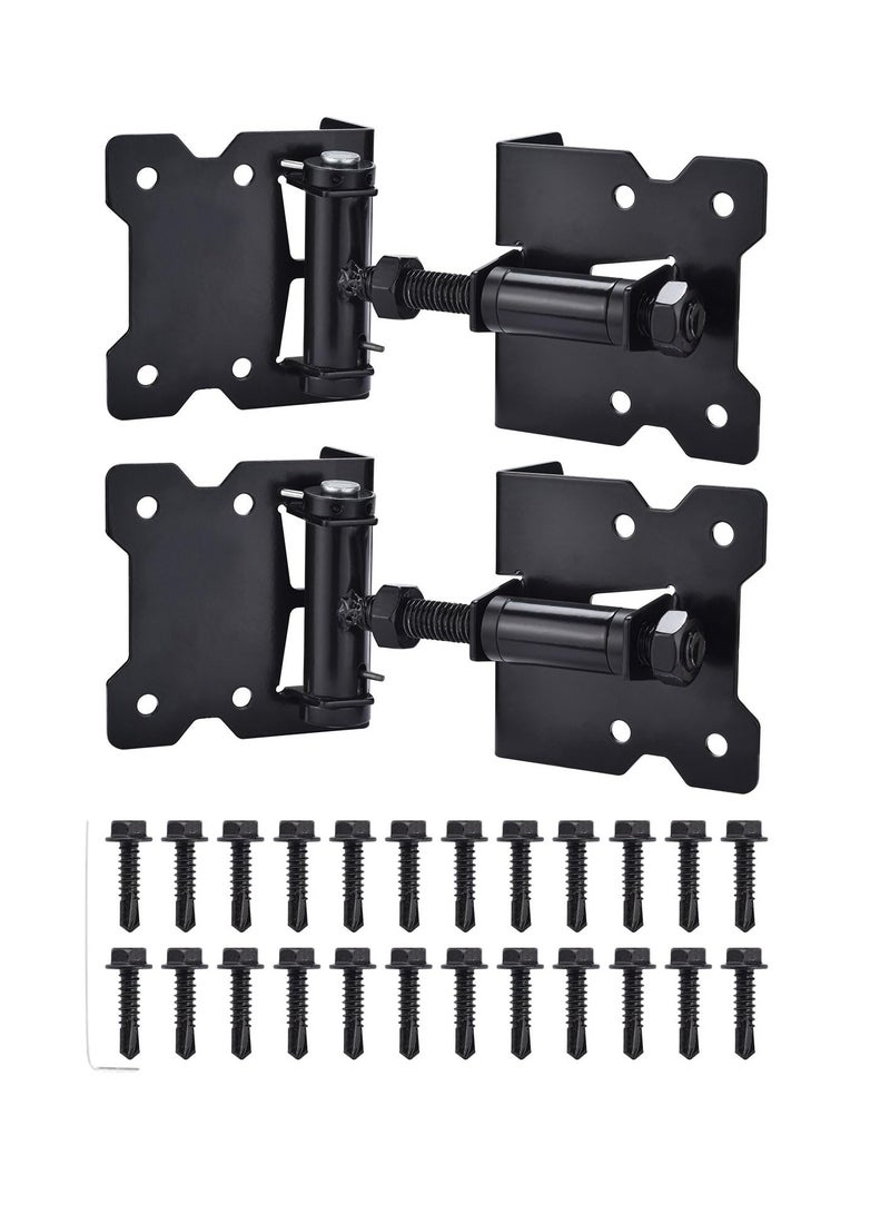 Heavy Duty Self-Closing Gate Hinges for Wood/Vinyl/PVC Fences, 90° Adjustable with Screws and Swing Tool, 2-Pack, Black Finish - Image 1