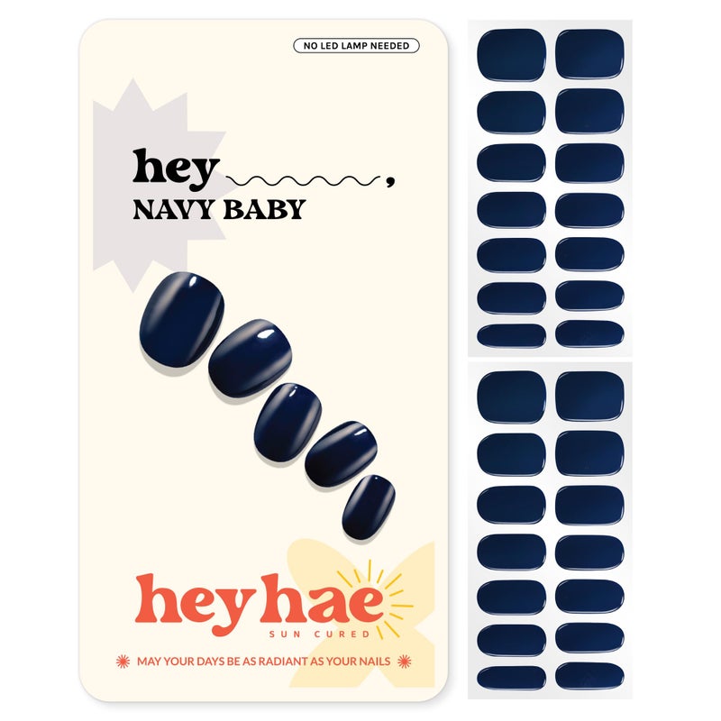 Heyhae Semi Cured Gel Nail Strips | No LED Lamp Needed | Summer, Solid, Navy | Easy Apply & Remove, Salon Quality | Includes 28 Strips, 1 Prep Pads, Nail File & Wooden stick - Hey, Navy Baby - Image 1