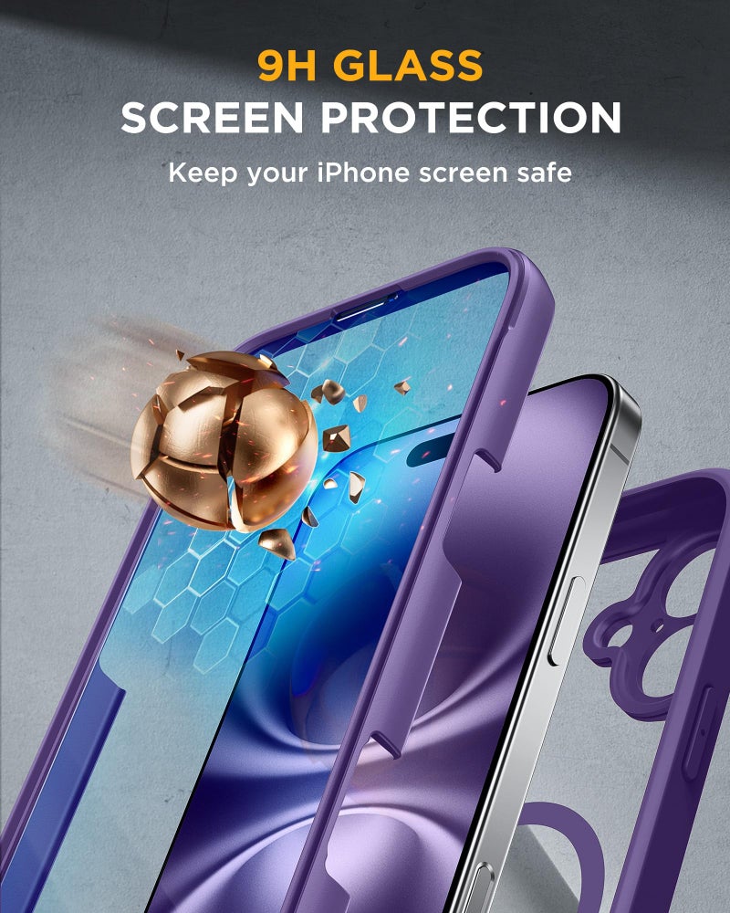 Miracase for iPhone 16 Case 6.1'', [Bubble Free] Full-Body Bumper Phone case with Built-in Full Glass Screen &Lens Protector,No Gap,Compatible with MagSafe,Drop Proof 16 Cover,Purple - Image 4
