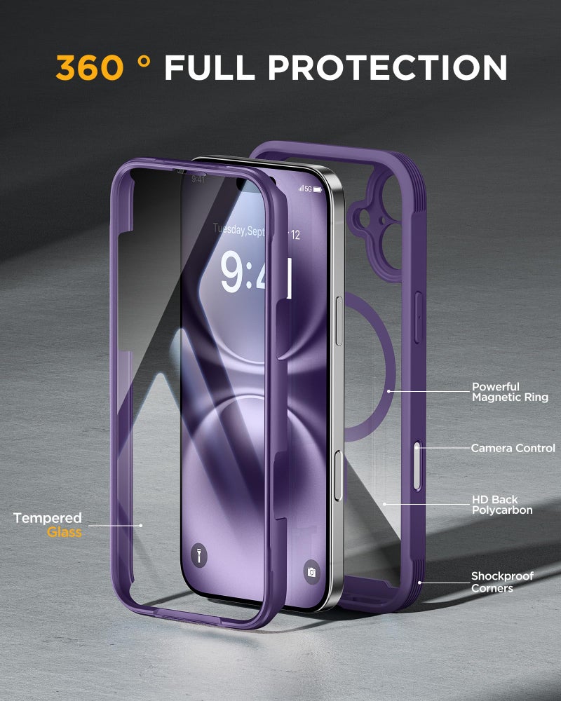 Miracase for iPhone 16 Case 6.1'', [Bubble Free] Full-Body Bumper Phone case with Built-in Full Glass Screen &Lens Protector,No Gap,Compatible with MagSafe,Drop Proof 16 Cover,Purple - Image 3