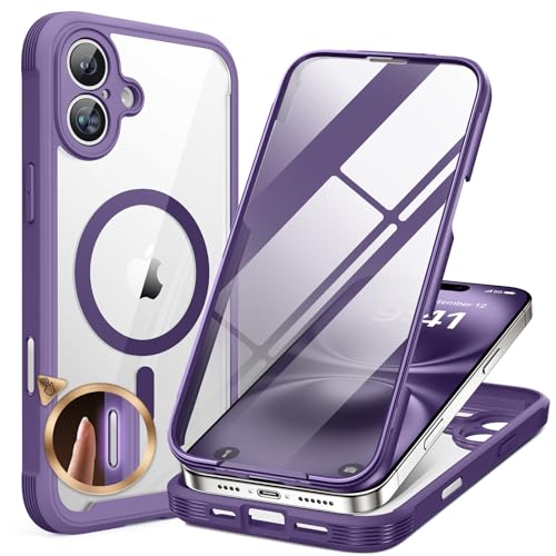 Miracase for iPhone 16 Case 6.1'', [Bubble Free] Full-Body Bumper Phone case with Built-in Full Glass Screen &Lens Protector,No Gap,Compatible with MagSafe,Drop Proof 16 Cover,Purple - Image 1