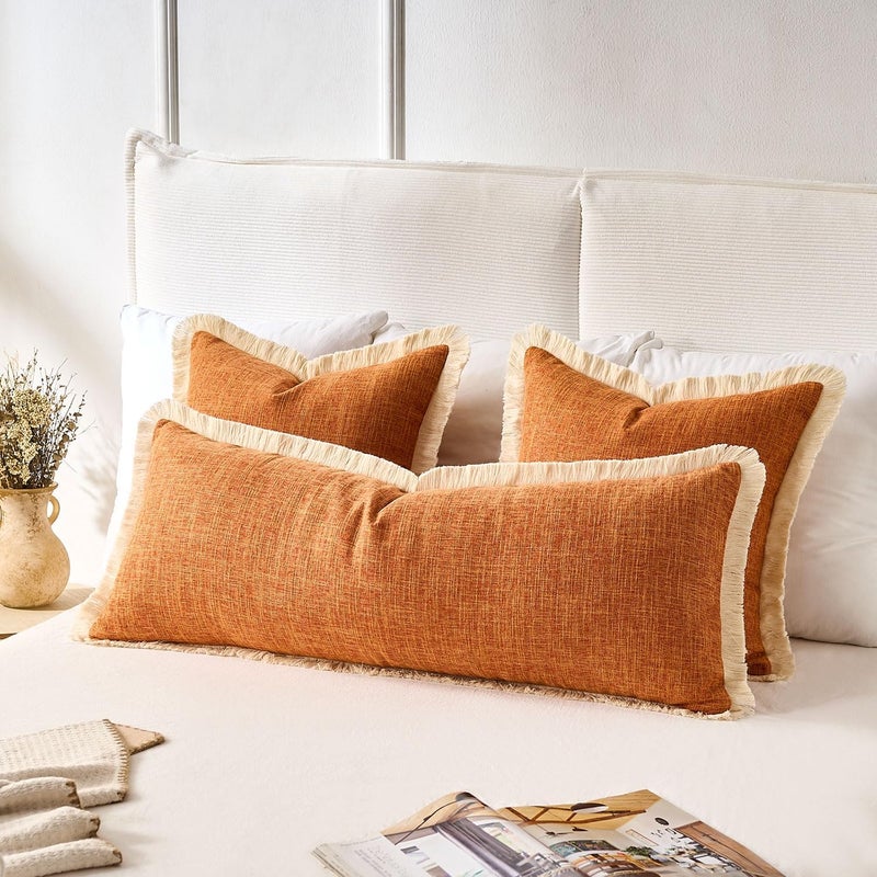 KWLET Boho Accent Pillowcase 14×36 Decorative Lumbar Throw Pillow Cover Farmhouse Cushion for Couch Sofa Bedroom Living Home Décor Orange - Image 3