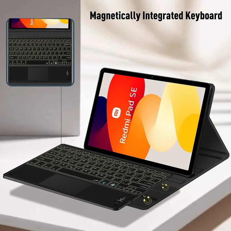 Hom لوحة مفاتيح بلوتوث لاسلكية قابلة للفصل مع إضاءة خلفية ملونة 7 ألوان وقابلة للطي مع لوحة تتبع/لوحة لمس وحافظة جهاز لوحي لجهاز Redmi Pad SE بحجم 11 بوصة - Image 2