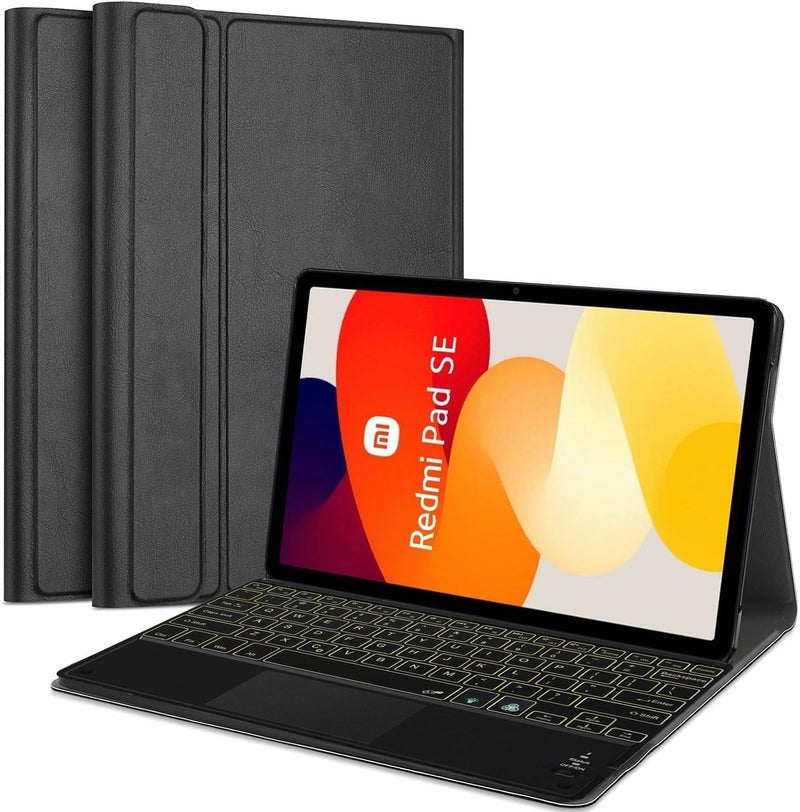 Hom لوحة مفاتيح بلوتوث لاسلكية قابلة للفصل مع إضاءة خلفية ملونة 7 ألوان وقابلة للطي مع لوحة تتبع/لوحة لمس وحافظة جهاز لوحي لجهاز Redmi Pad SE بحجم 11 بوصة - Image 1