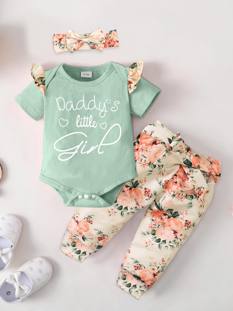 AMAWMW Baby Girl Clothes Set Daddys Little Girl Ruffle Romper Top Floral Pants Newborn Infant Baby Girl Outfitï¼ˆBG,3-6M - Image 2