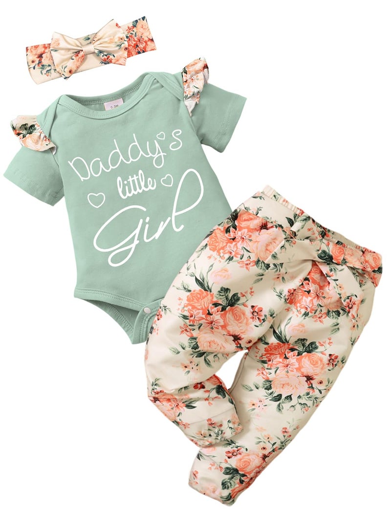 AMAWMW Baby Girl Clothes Set Daddys Little Girl Ruffle Romper Top Floral Pants Newborn Infant Baby Girl Outfitï¼ˆBG,3-6M - Image 1