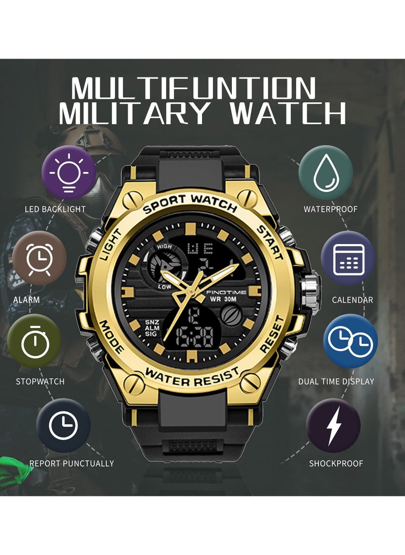 Generic - Military Watches for Men, Large Face Army Watch, Waterproof Tactical Watches Men Army Digital Sports Outdoor Stopwatch LED Survival Tough Electronic Alarm Clock Black Gold Wrist Watch - Image 1