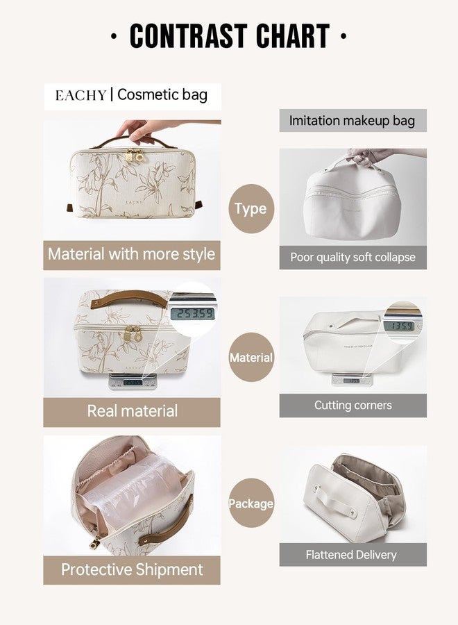 EACHY Travel Makeup Bag, Large Capacity Cosmetic Bags for Women, Waterproof Portable Pouch Open Flat Toiletry Bag Pattern Make up Bag (F-Beige) - Image 4
