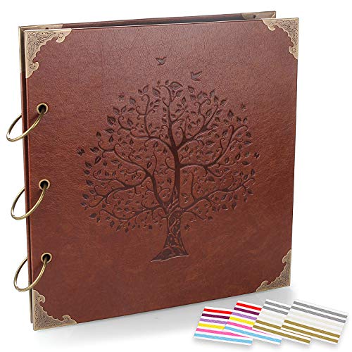 ADVcer Photo Album DIY Scrapbook (10x10 inch 50 Pages Double Sided), Vintage Leather Cover Three-Ring Binder Family Picture Booth with 9 Color 408pcs Self Adhesive Photos Corners for Memory Keep, Tree - Image 1