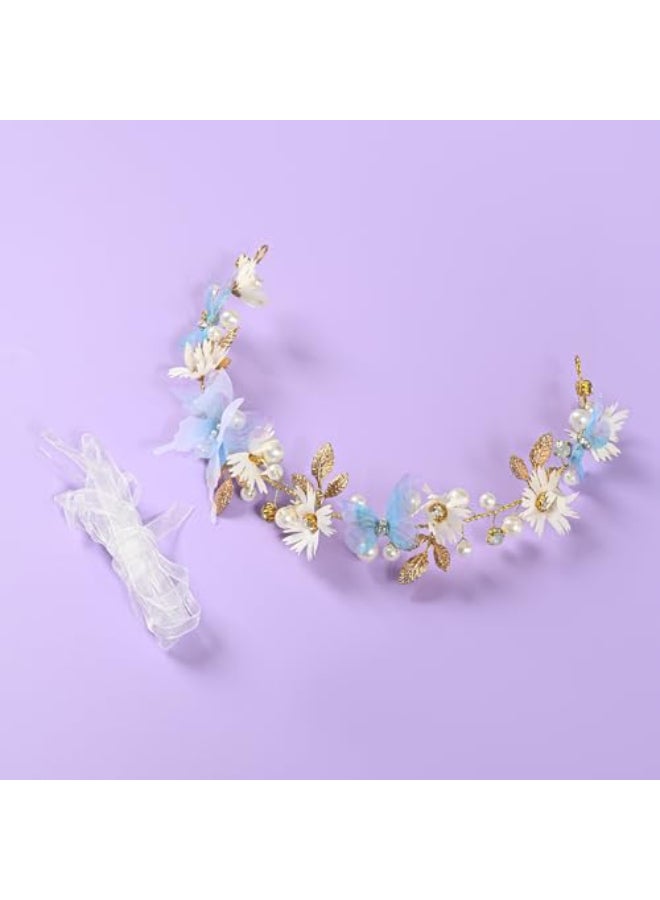 Vividsun Butterfly Headbands Flower Girl Hair Accessory with Pearls Butterfly Tiara for Christmas Birthday Cosplay Headpiece Blue gold - Image 3