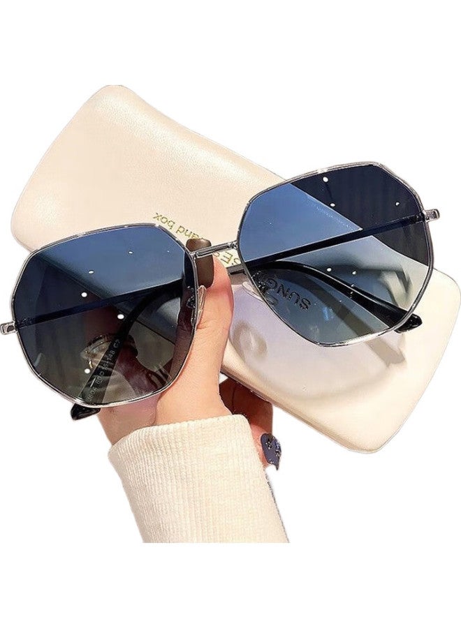 Lesca Lunetier Transparent Blue Uv Protection Sunglasses For Men, Polygonal Metal Driving Sunglasses, Trendy Beach Glasses For Women, Round Face - Image 1