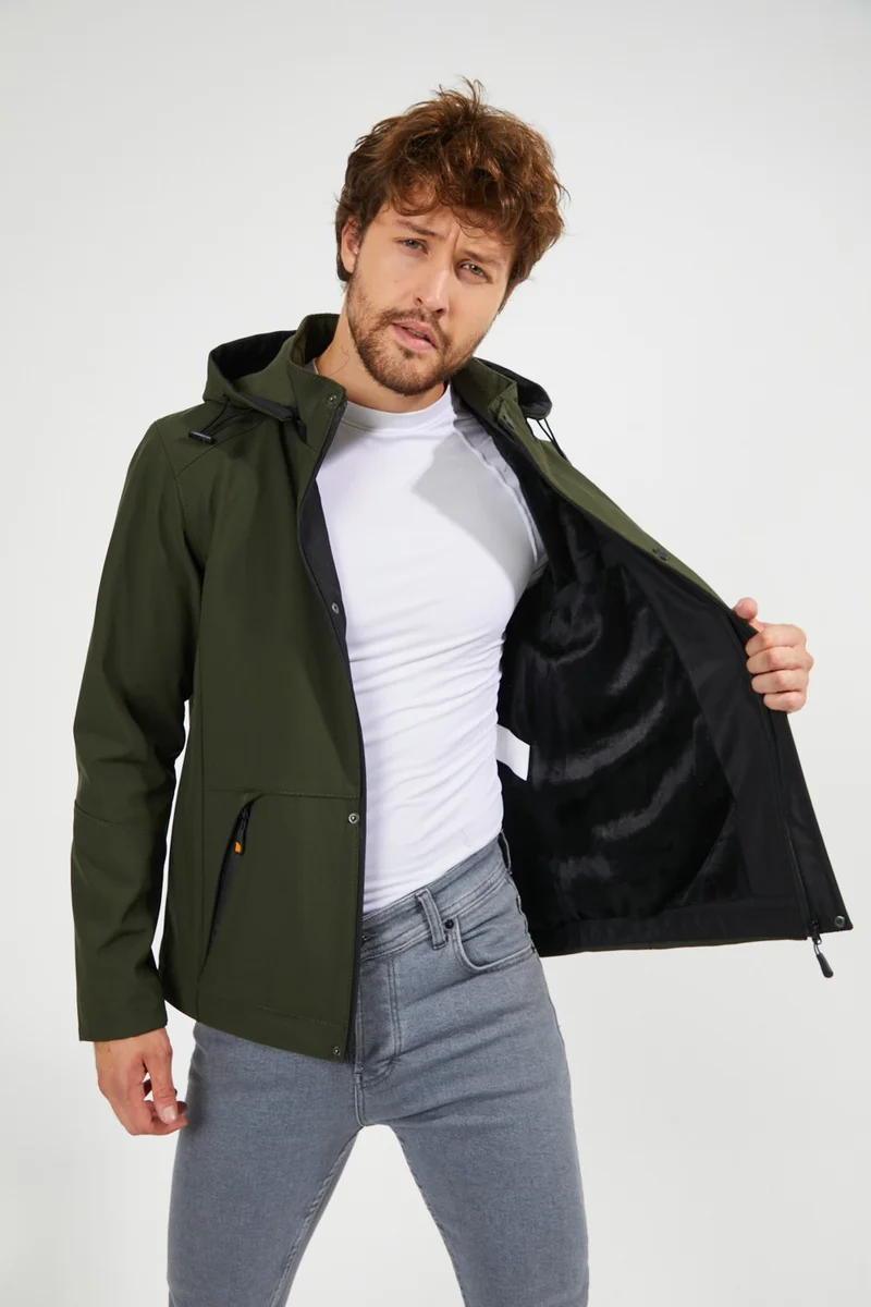 Gavazzi Men's Softshell Waterproof and Windproof Sheepskin Hooded Coat Khaki