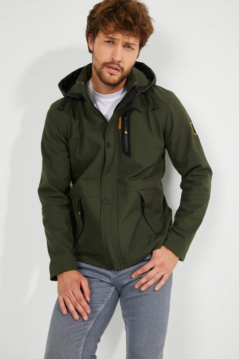 Gavazzi Men's Softshell Waterproof and Windproof Sheepskin Hooded Coat Khaki