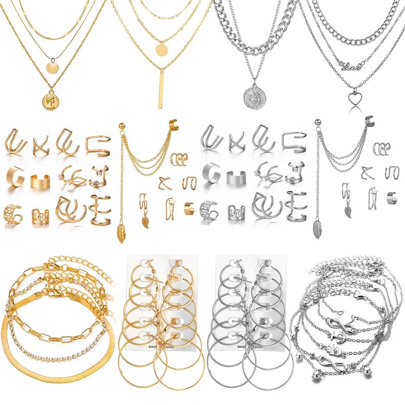 CONGYING 60 PCS Gold Jewelry Set with Multi-Layered Bracelet Necklace, Dangle Earrings, Stackable Ring For Women Valentine Anniversary Jewelry Pack Gifts For Her - Image 1