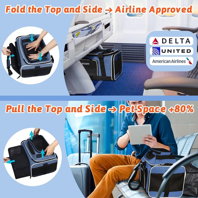 Petskd Top and Side Expandable Pet Carrier 18x11x11 Inches Delta United Airline Approved, Soft-Sided Carrier for Small Cats and Dogs with Locking Safety Zippers and Anti-Scratch Mesh(Blue) - Image 2