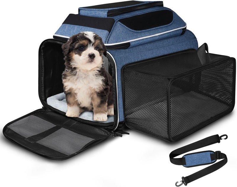 Petskd Top and Side Expandable Pet Carrier 18x11x11 Inches Delta United Airline Approved, Soft-Sided Carrier for Small Cats and Dogs with Locking Safety Zippers and Anti-Scratch Mesh(Blue) - Image 1