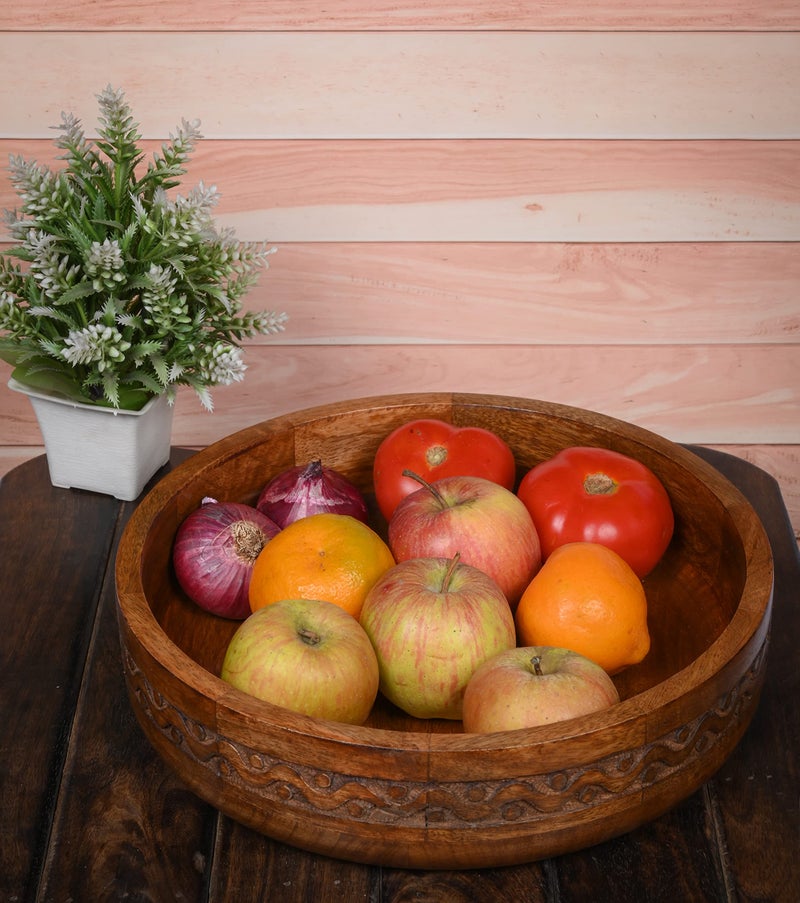EDHAS Mango Wood Decorative Round Carved Bowl for Decoration, Centerpiece Bowl for Table (10" x 10" x 2.5") - Image 4