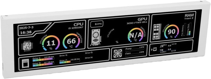 Zunate PC Temperature Display Panel, 8.8 Inch FHD LCD CPU GPU Data Sensor Monitor for 10 11 Adjustable Mounting Multi Functional PC Case Display (White) - Image 2