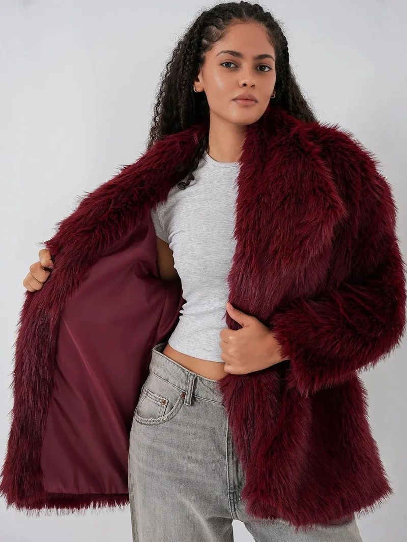 Big Dart Burgundy Red BDART Long Oversized Faux Fur Coat With Belt for Women | Best Price UAE