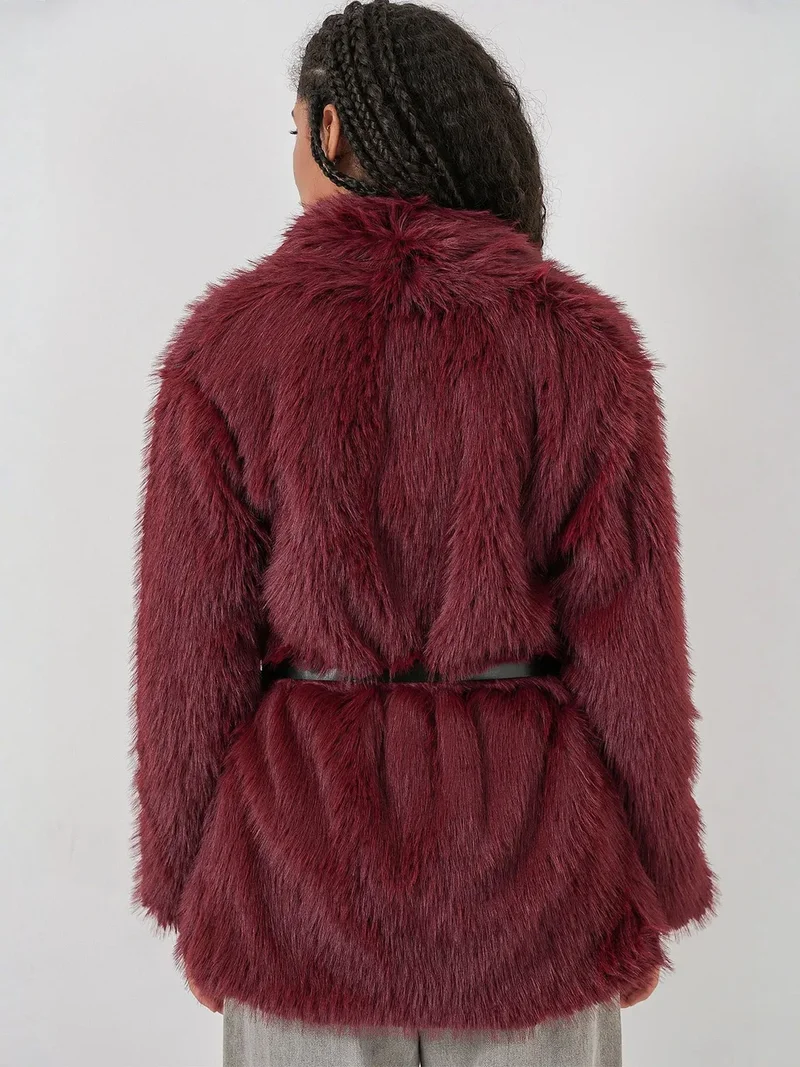 Big Dart Burgundy Red BDART Long Oversized Faux Fur Coat With Belt for Women | Best Price UAE