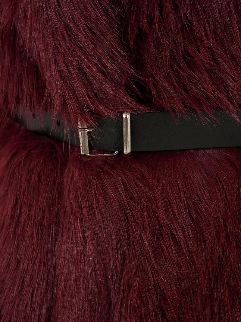 Big Dart Burgundy Red BDART Long Oversized Faux Fur Coat With Belt for Women | Best Price UAE