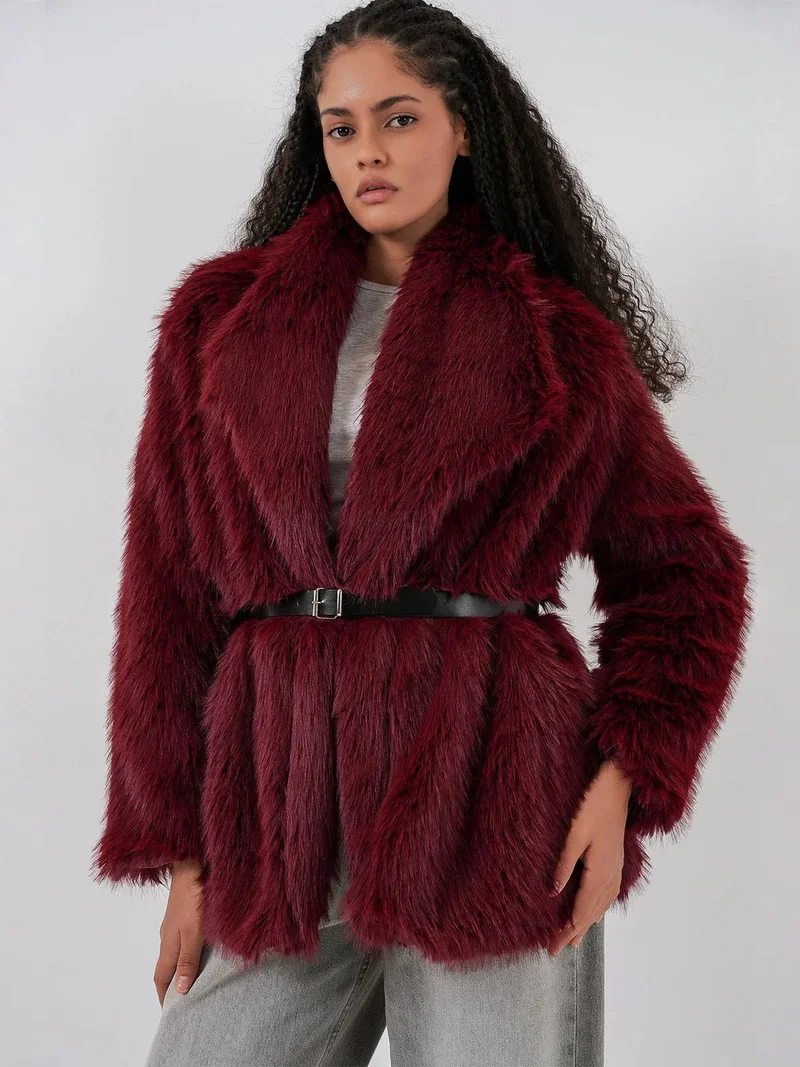 Big Dart Burgundy Red BDART Long Oversized Faux Fur Coat With Belt for Women | Best Price UAE