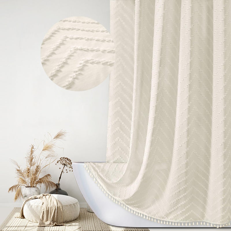 Siiluminisoy Boho Farmhouse Shower Curtain Woven Fabric Cute Cream Shower Curtain 72 x 72 Tufted Chevron Textured Striped Modern Farmhouse Minimalist Shower Curtain for Bathroom