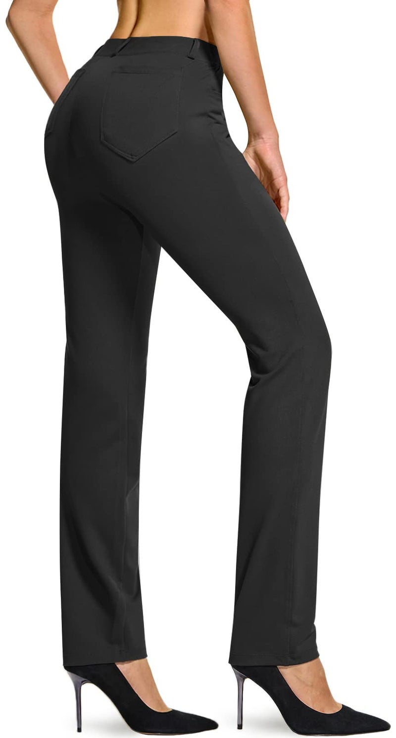 TSLA Women's Yoga & Dress Pants, Office Business Casual Work Slacks, Stretch Straight Leg/Bootcut Pants with 4 Pockets, Slacks Petite Black, Large - Image 1