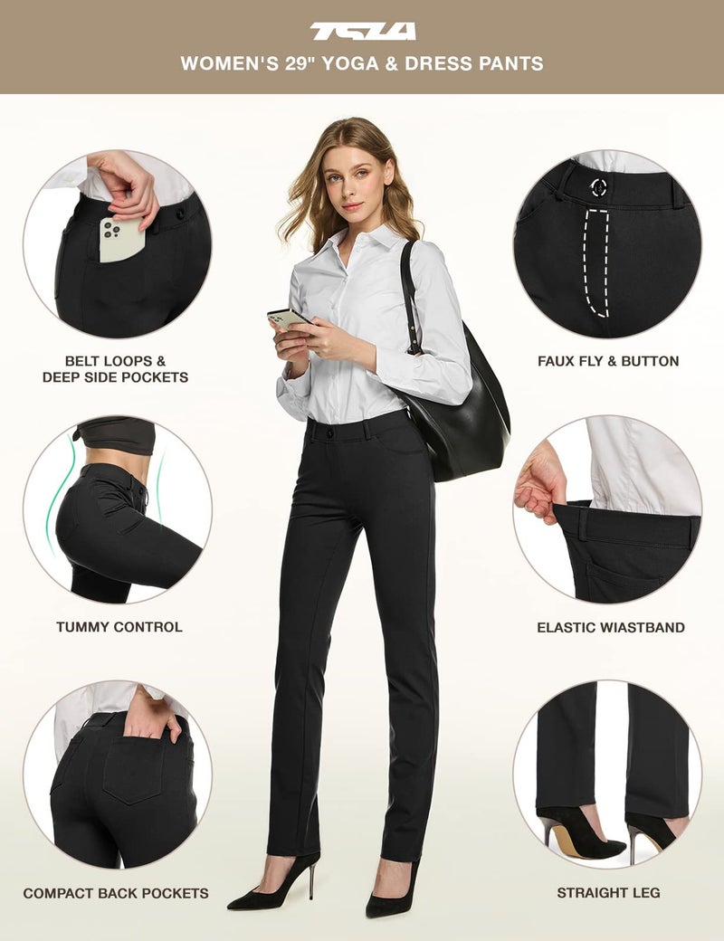 TSLA Women's Yoga & Dress Pants, Office Business Casual Work Slacks, Stretch Straight Leg/Bootcut Pants with 4 Pockets, Slacks Petite Black, Large - Image 3