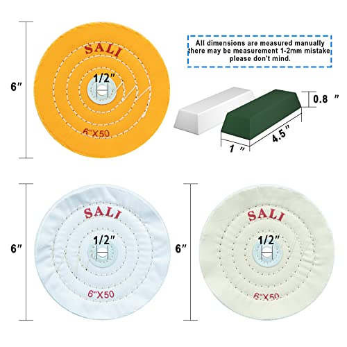 SALI 4 Pack Polishing Wheel for Bench Grinder - 6 Inch Buffing Wheel Set (2 Yellow Cotton, 2 White Cotton) - Buffer Polisher Pad With 1/2'' Arbor Hole and Polishing Compound Kit - Image 2