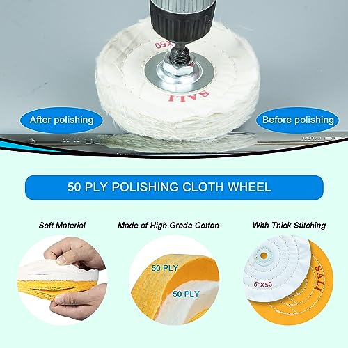 SALI 4 Pack Polishing Wheel for Bench Grinder - 6 Inch Buffing Wheel Set (2 Yellow Cotton, 2 White Cotton) - Buffer Polisher Pad With 1/2'' Arbor Hole and Polishing Compound Kit - Image 4
